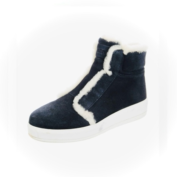 PRADA | 38 / 8 | Linea Rossa Sport Shearling-Trimmed Suede High-Top Sneaker Boot - Picture 4 of 9